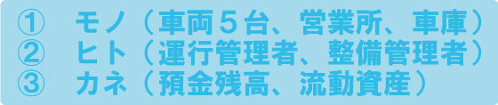 ①　モノ（車両５台、営業所、車庫）②　ヒト（運行管理者、整備管理者）③　カネ（純資産・資本金）